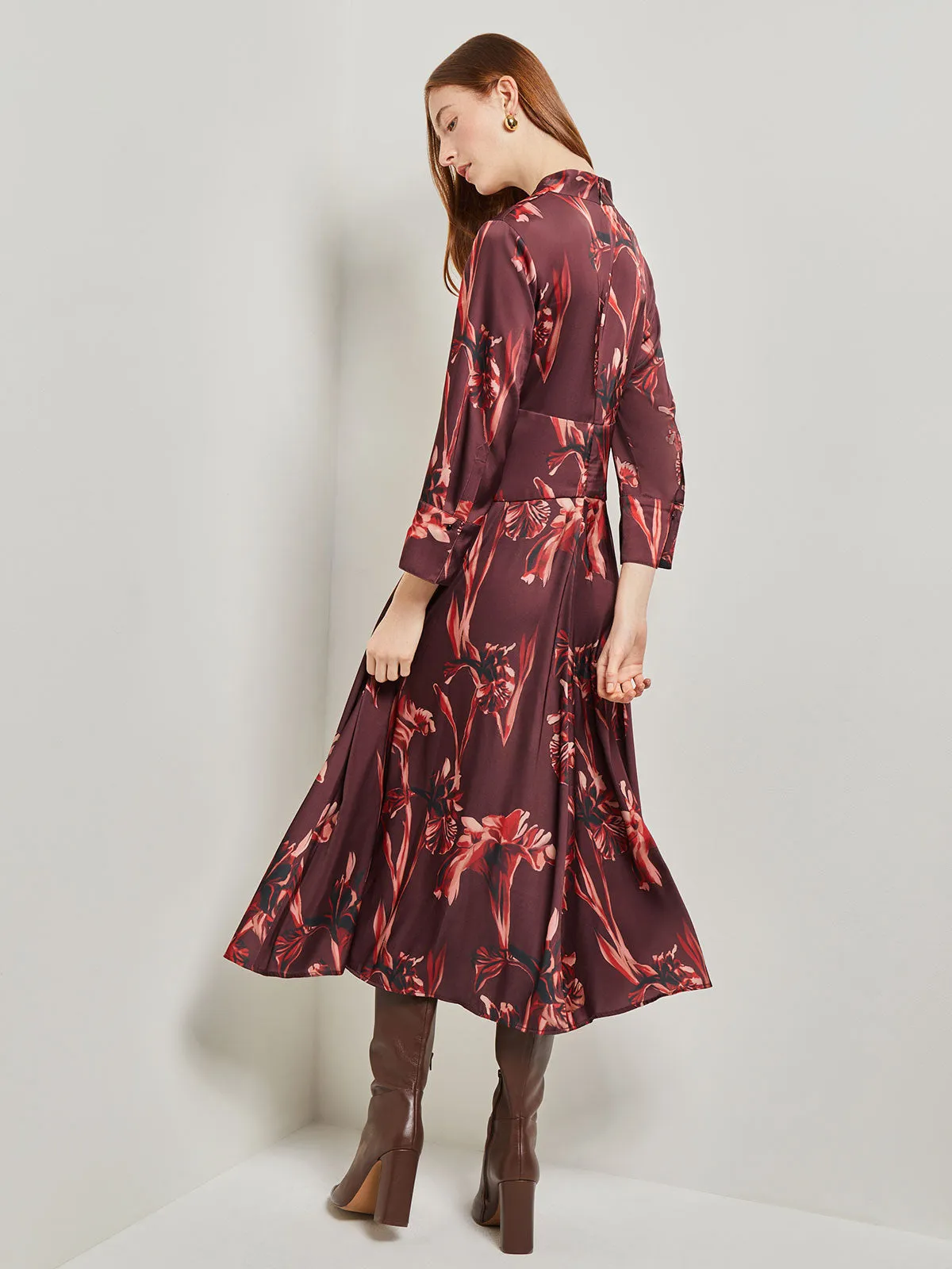 Floral Drop Waist Crepe de Chine Midi Dress