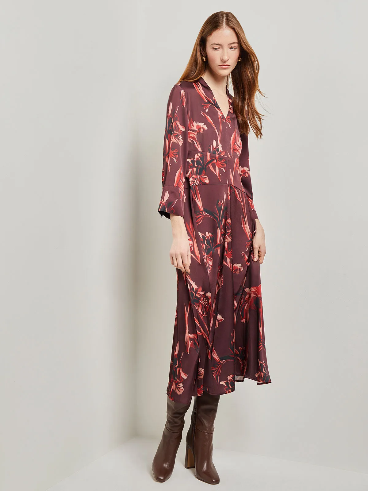 Floral Drop Waist Crepe de Chine Midi Dress