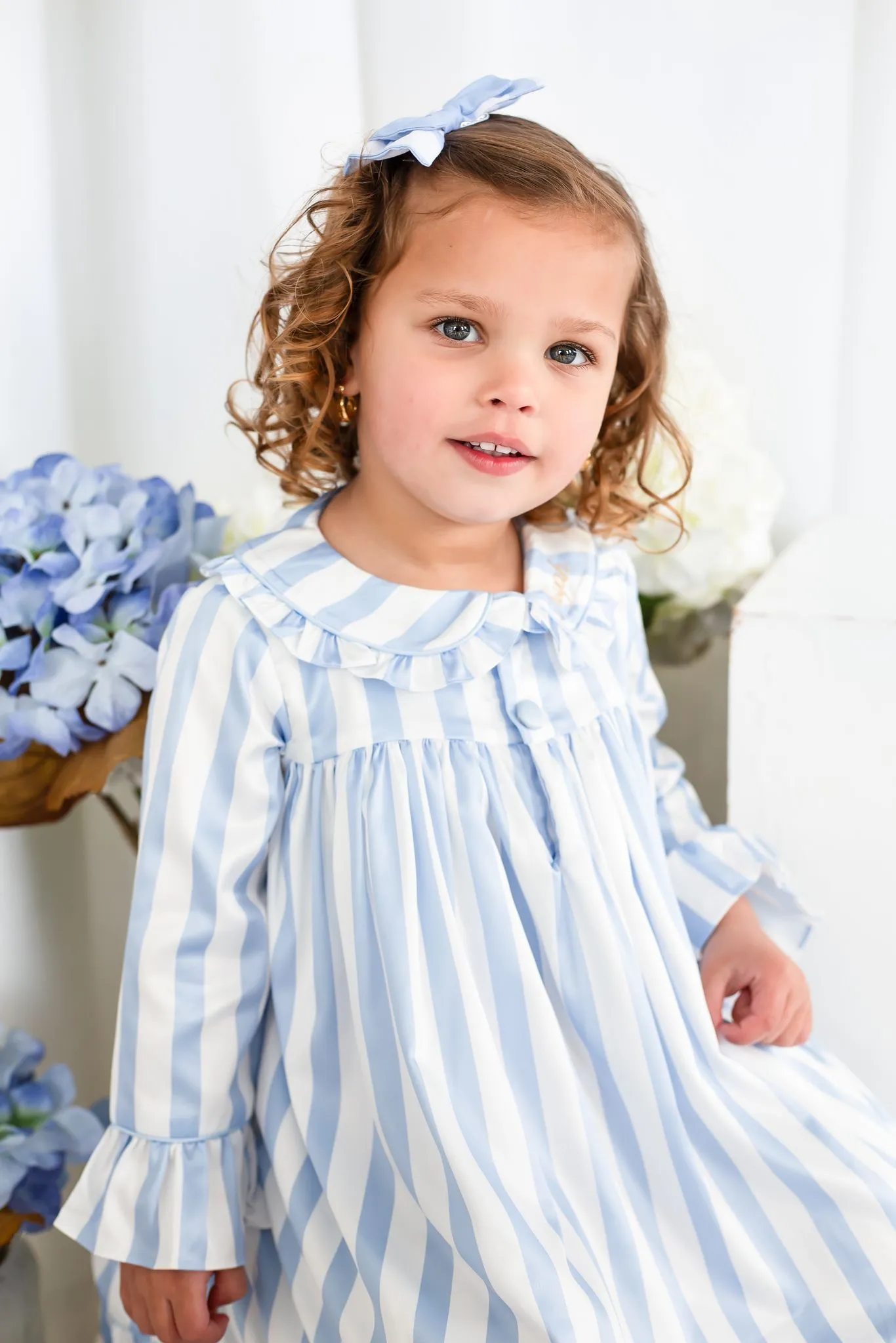 Girls Blue Stripe Pearl Long Sleeve Nightdress