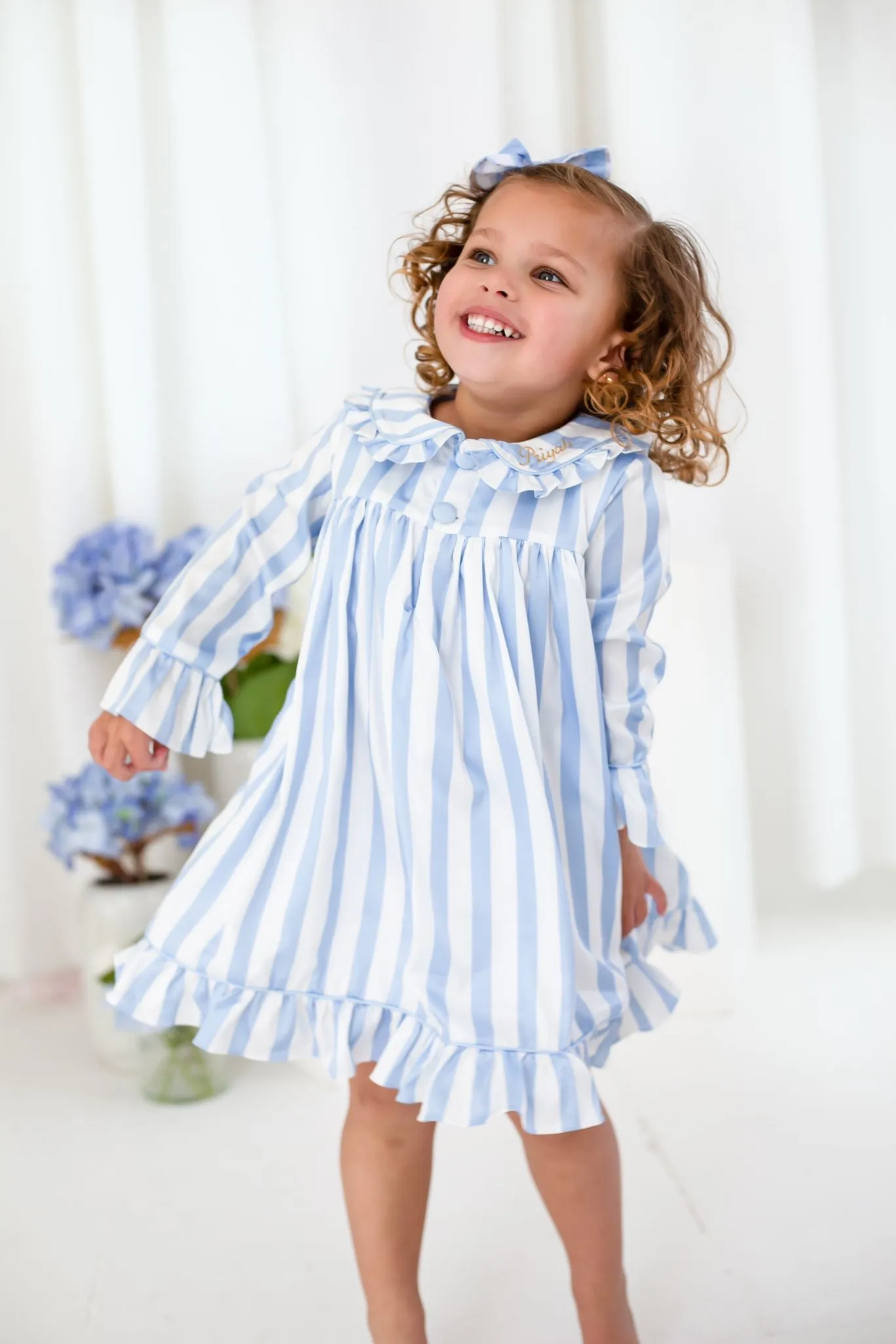 Girls Blue Stripe Pearl Long Sleeve Nightdress