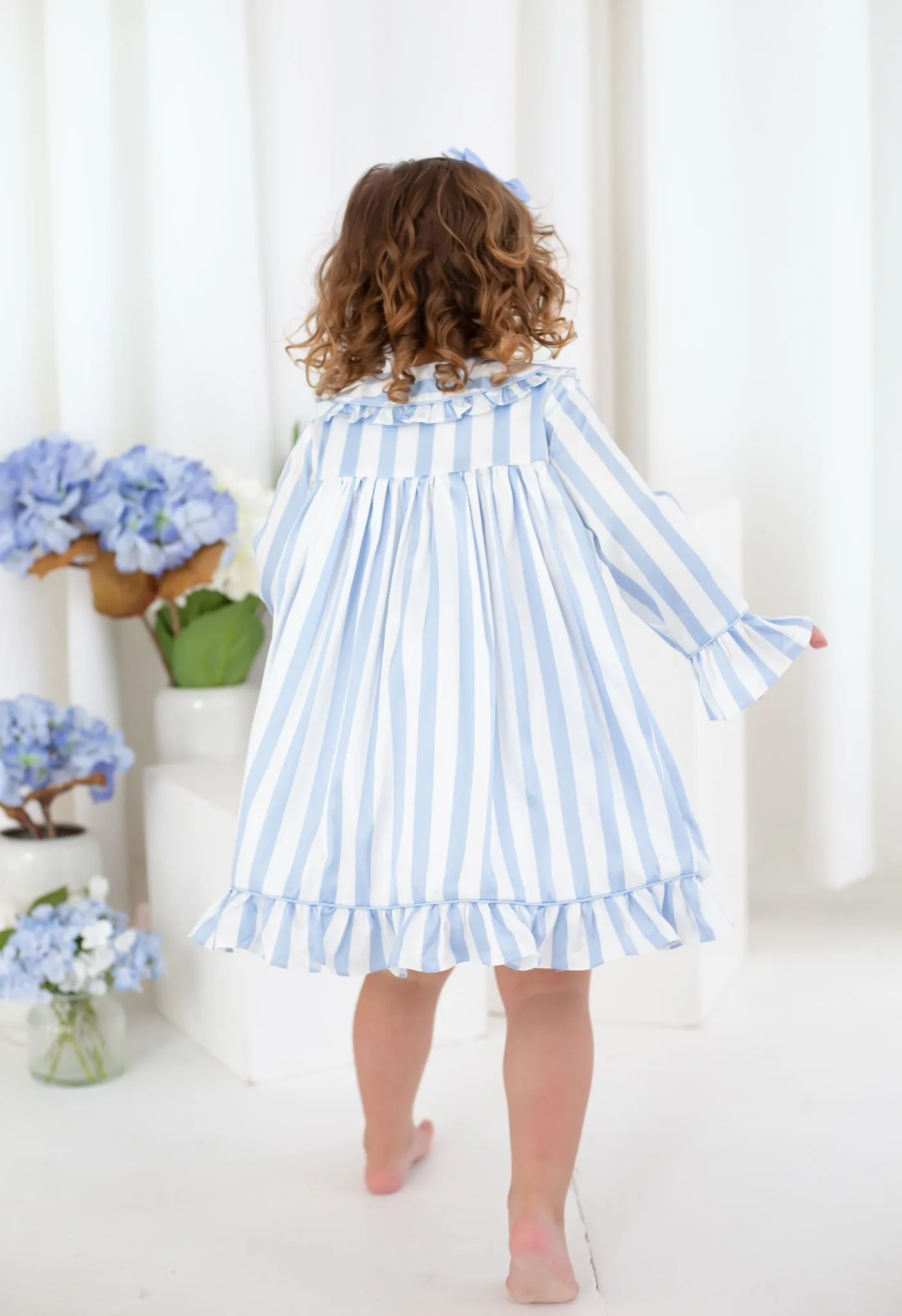 Girls Blue Stripe Pearl Long Sleeve Nightdress