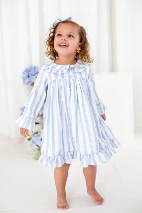 Girls Blue Stripe Pearl Long Sleeve Nightdress