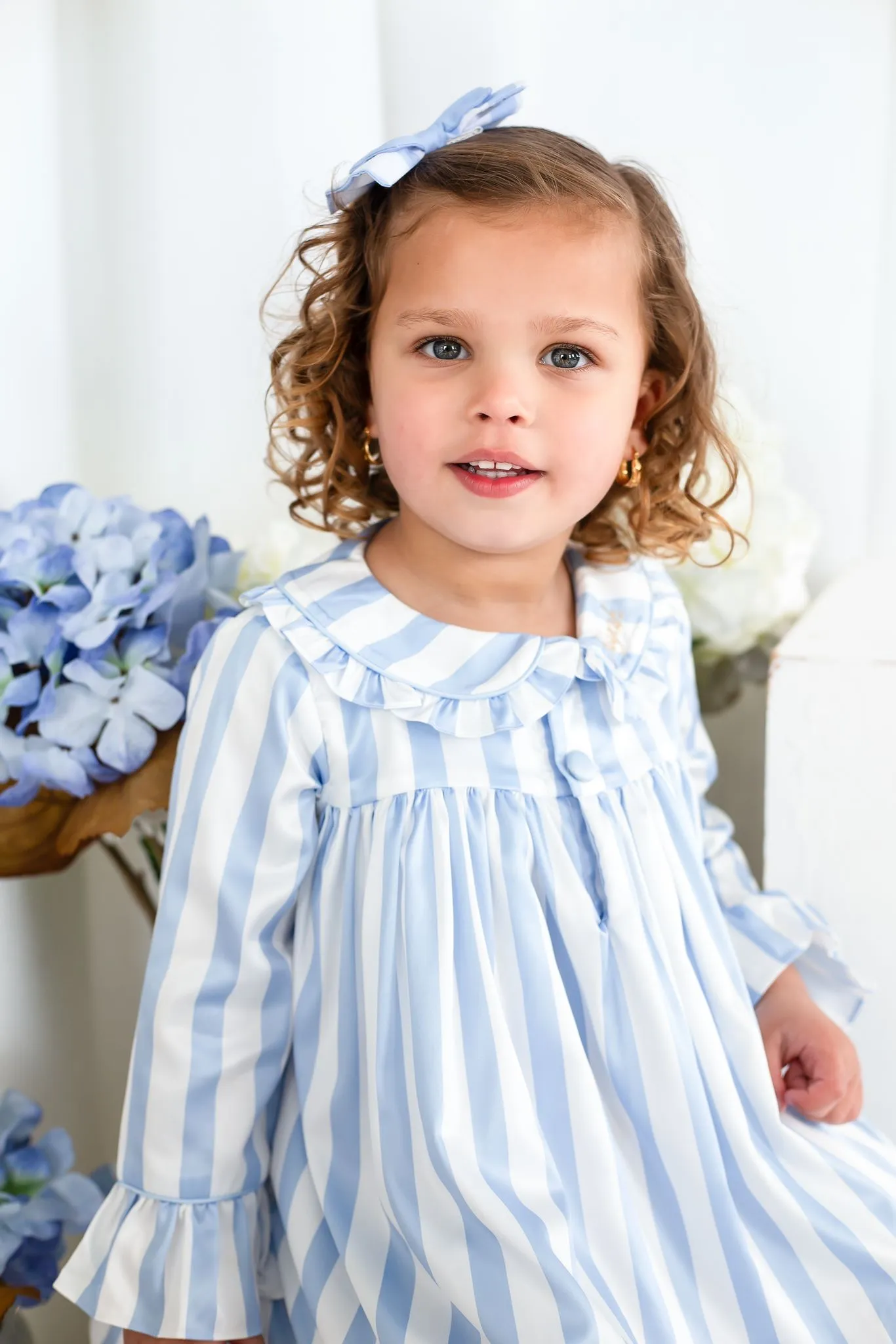 Girls Blue Stripe Pearl Long Sleeve Nightdress