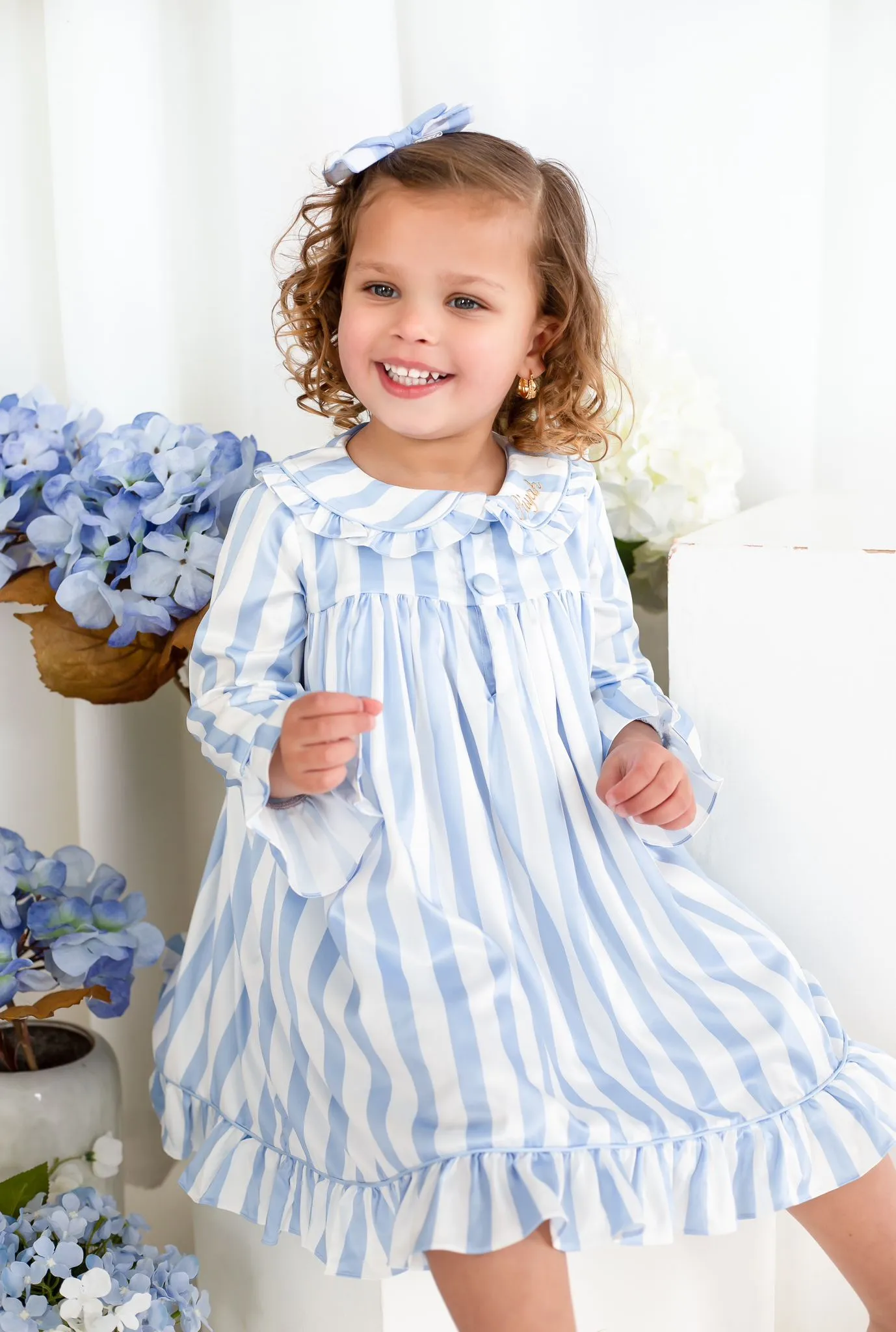 Girls Blue Stripe Pearl Long Sleeve Nightdress