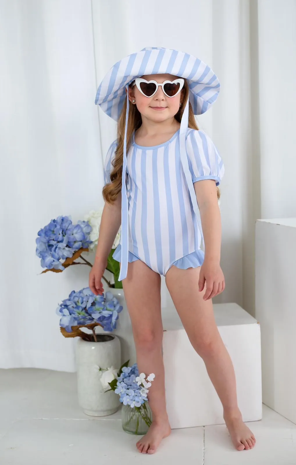 Girls Blue Stripe Puff Sleeve Swimsuit