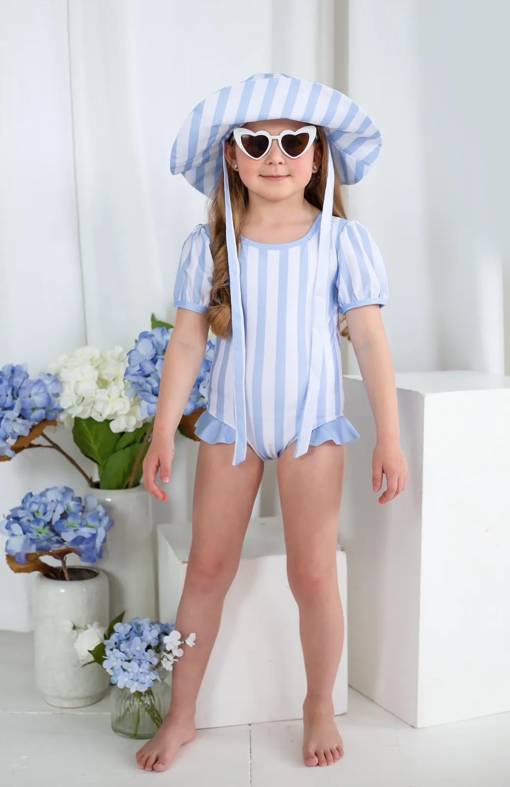 Girls Blue Stripe Puff Sleeve Swimsuit