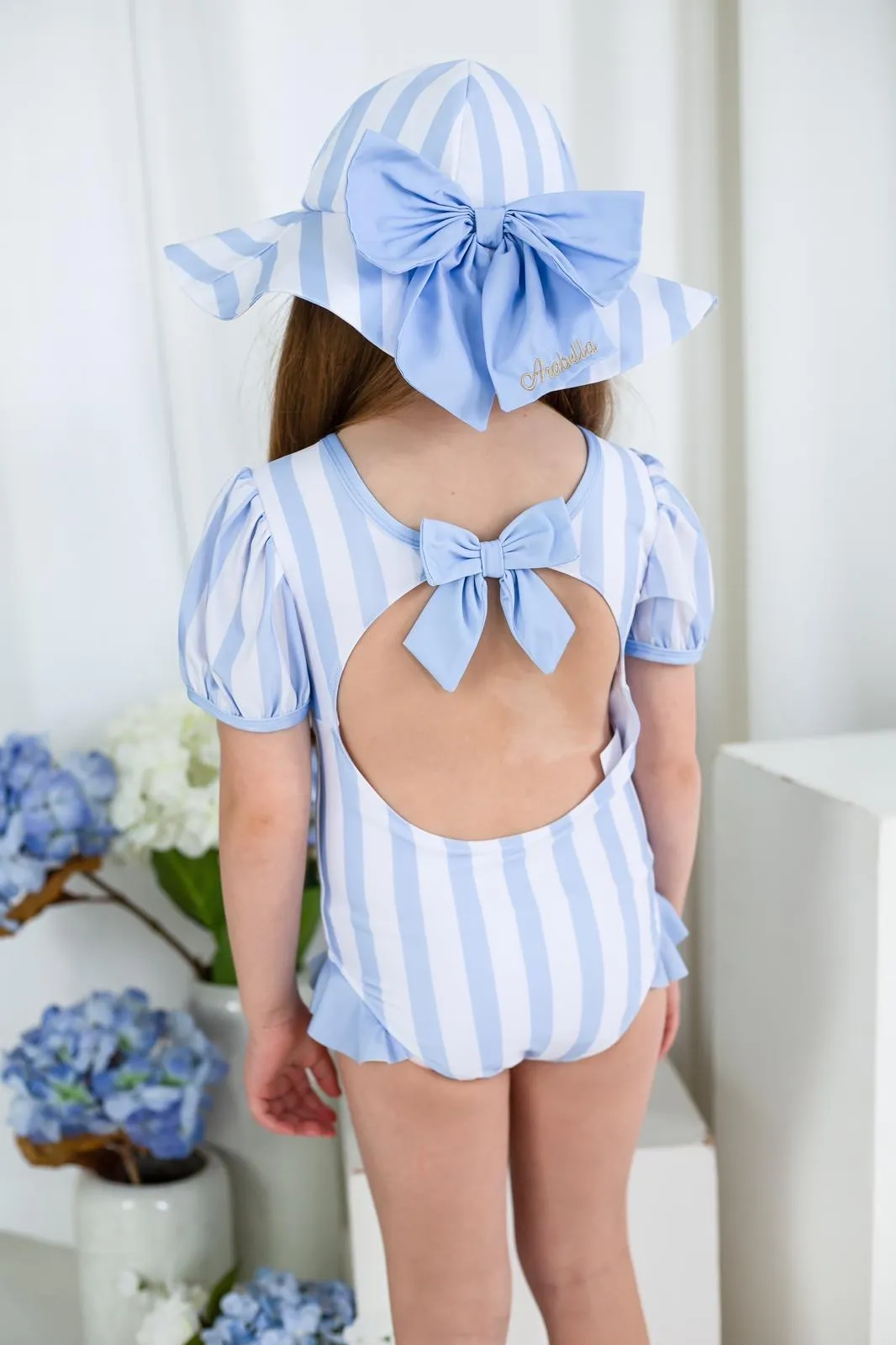 Girls Blue Stripe Puff Sleeve Swimsuit