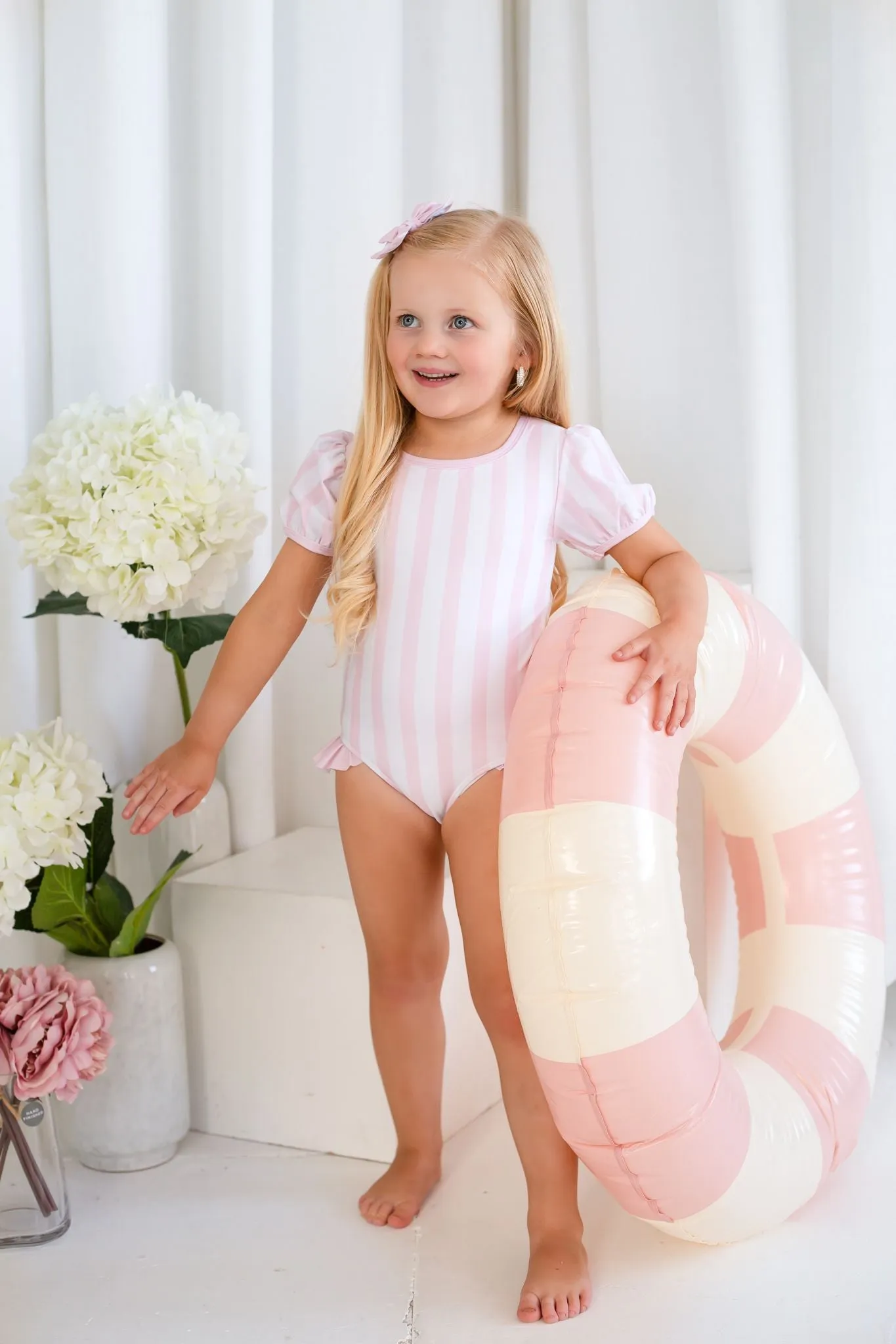 Girls Pink Candy Stripe Puff Sleeve Swimsuit