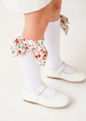 Girls Red Ditsy Print Bow Socks