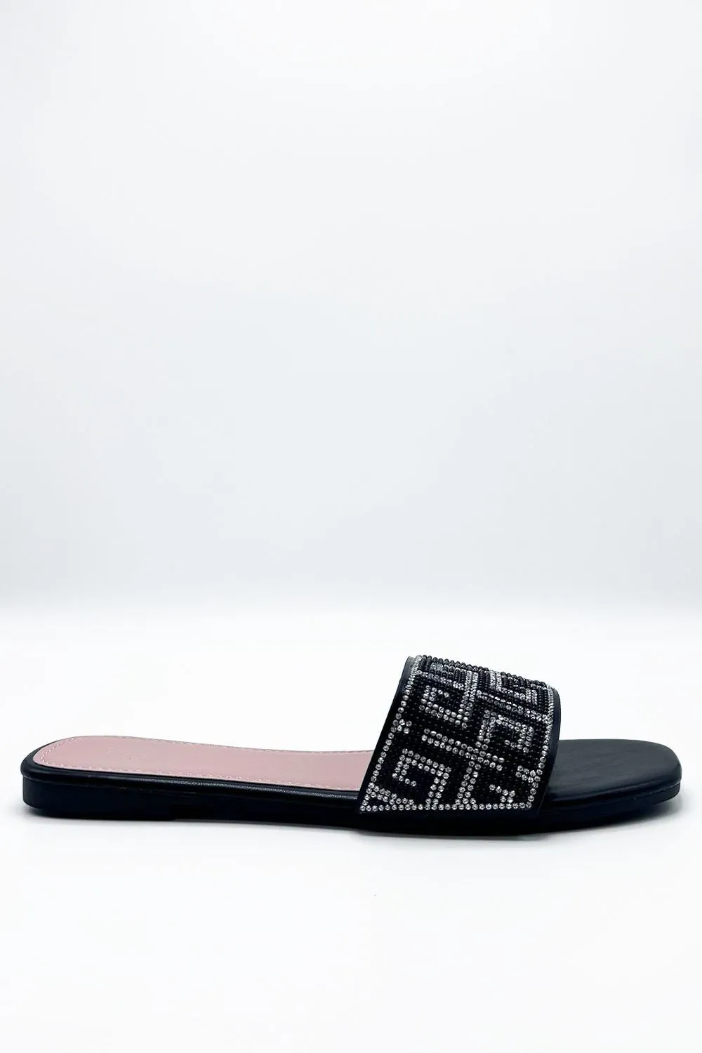 Gloria Diamante Patterned Band Flat Sliders in Black