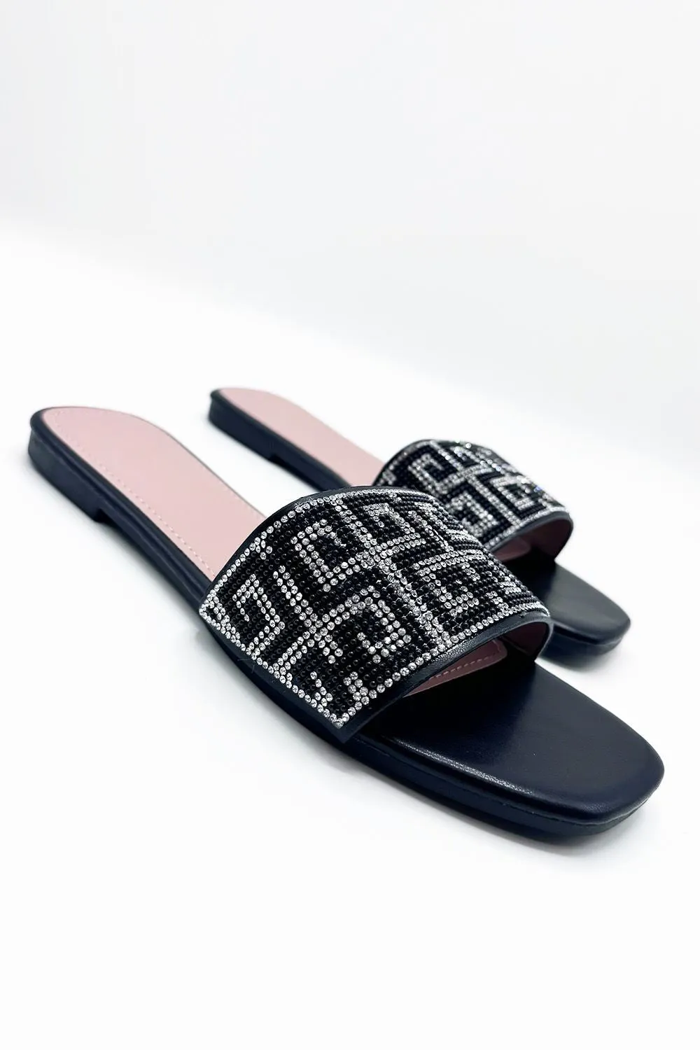 Gloria Diamante Patterned Band Flat Sliders in Black