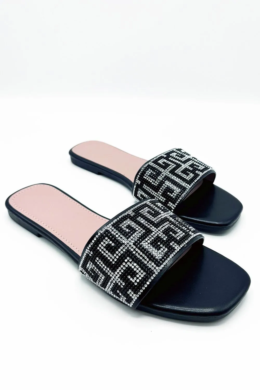 Gloria Diamante Patterned Band Flat Sliders in Black