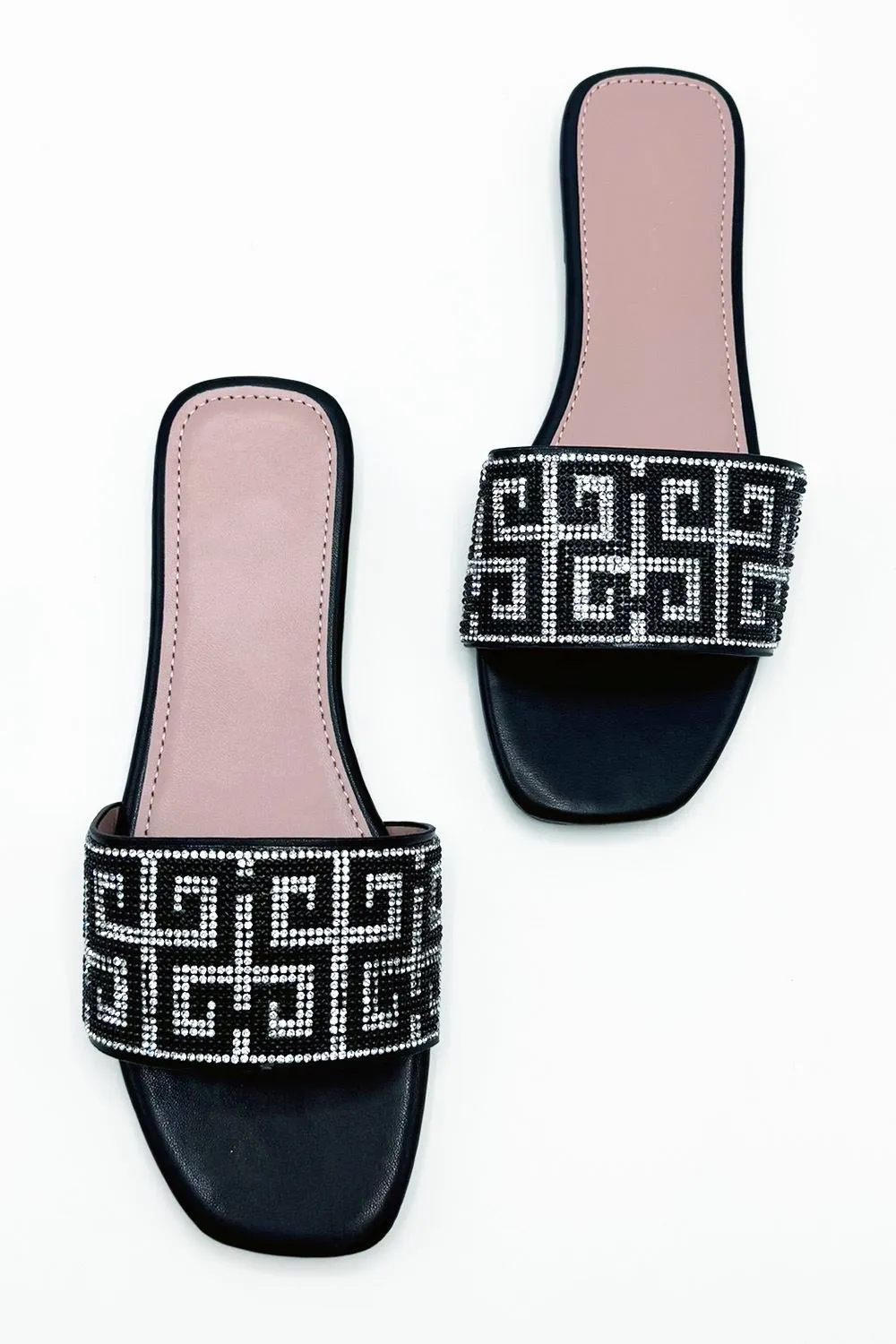 Gloria Diamante Patterned Band Flat Sliders in Black