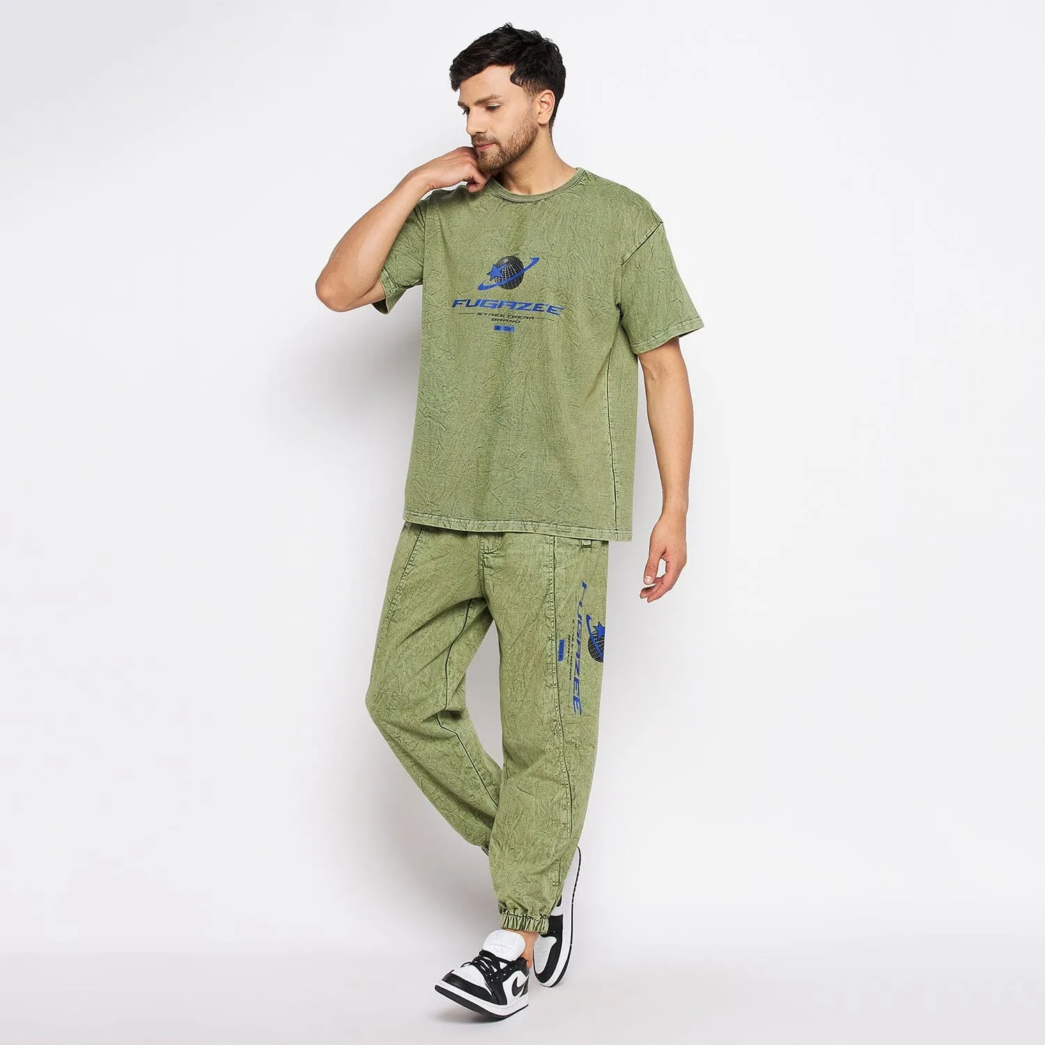 Green Acid Wash Tshirt and Trackpants Clothing Set