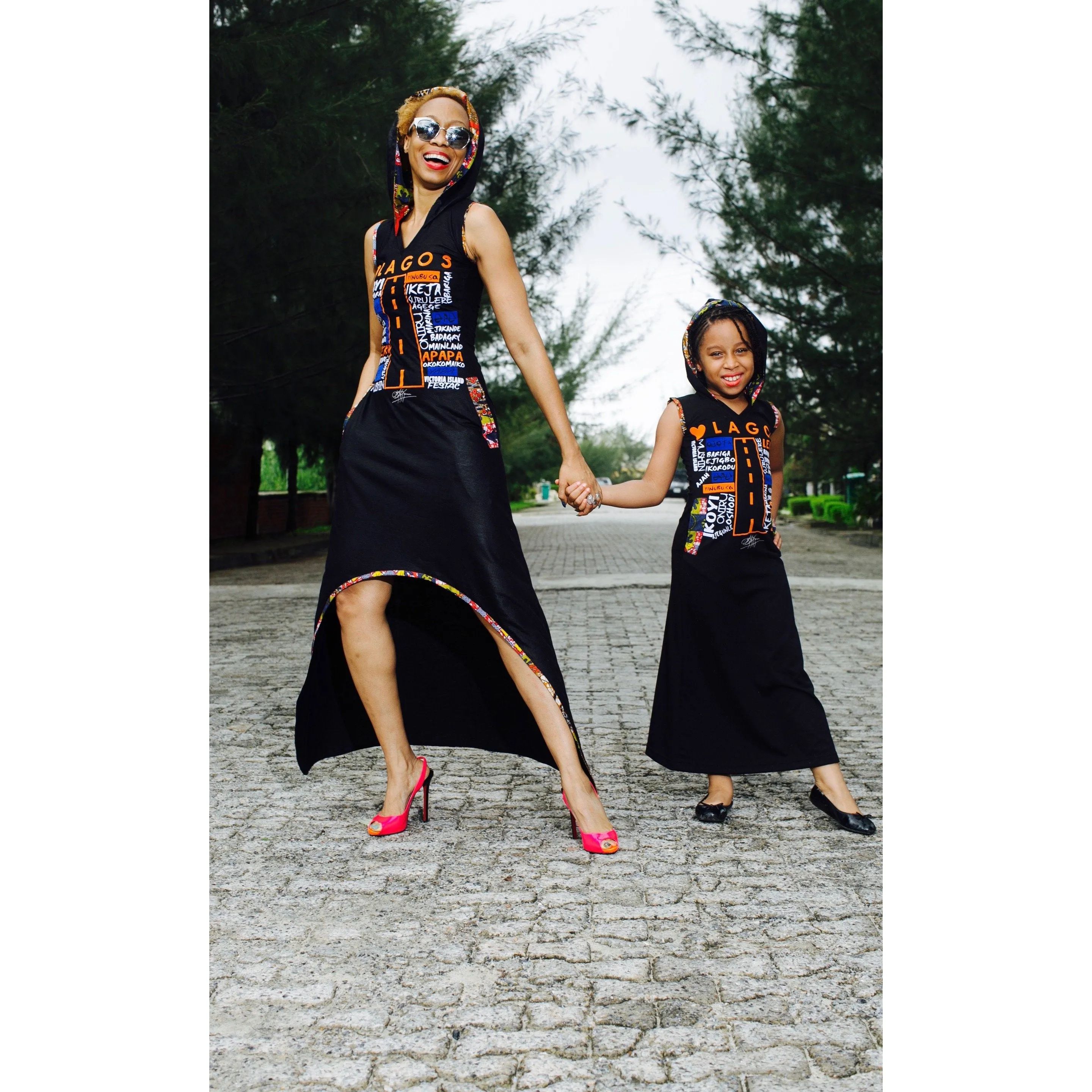 KIDS: LUV LAGOS ANKARA BLACK HOODED MAXI DRESS