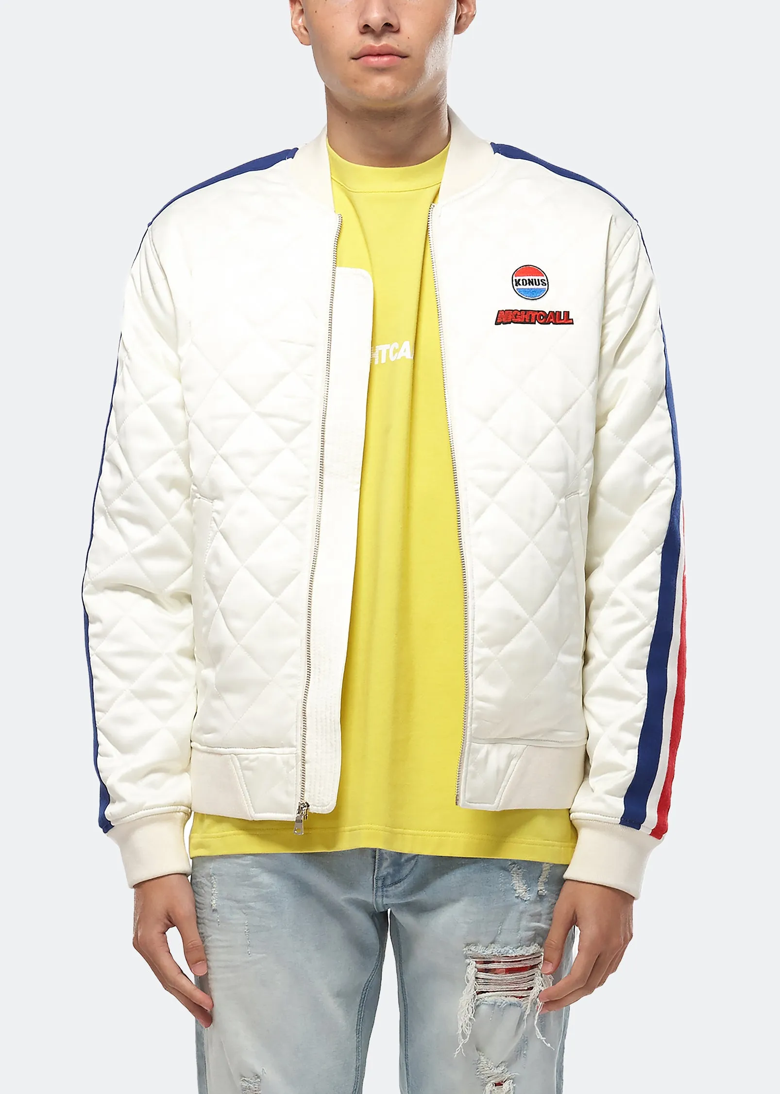 Konus Men's Quilted Satin Jacket in Off White