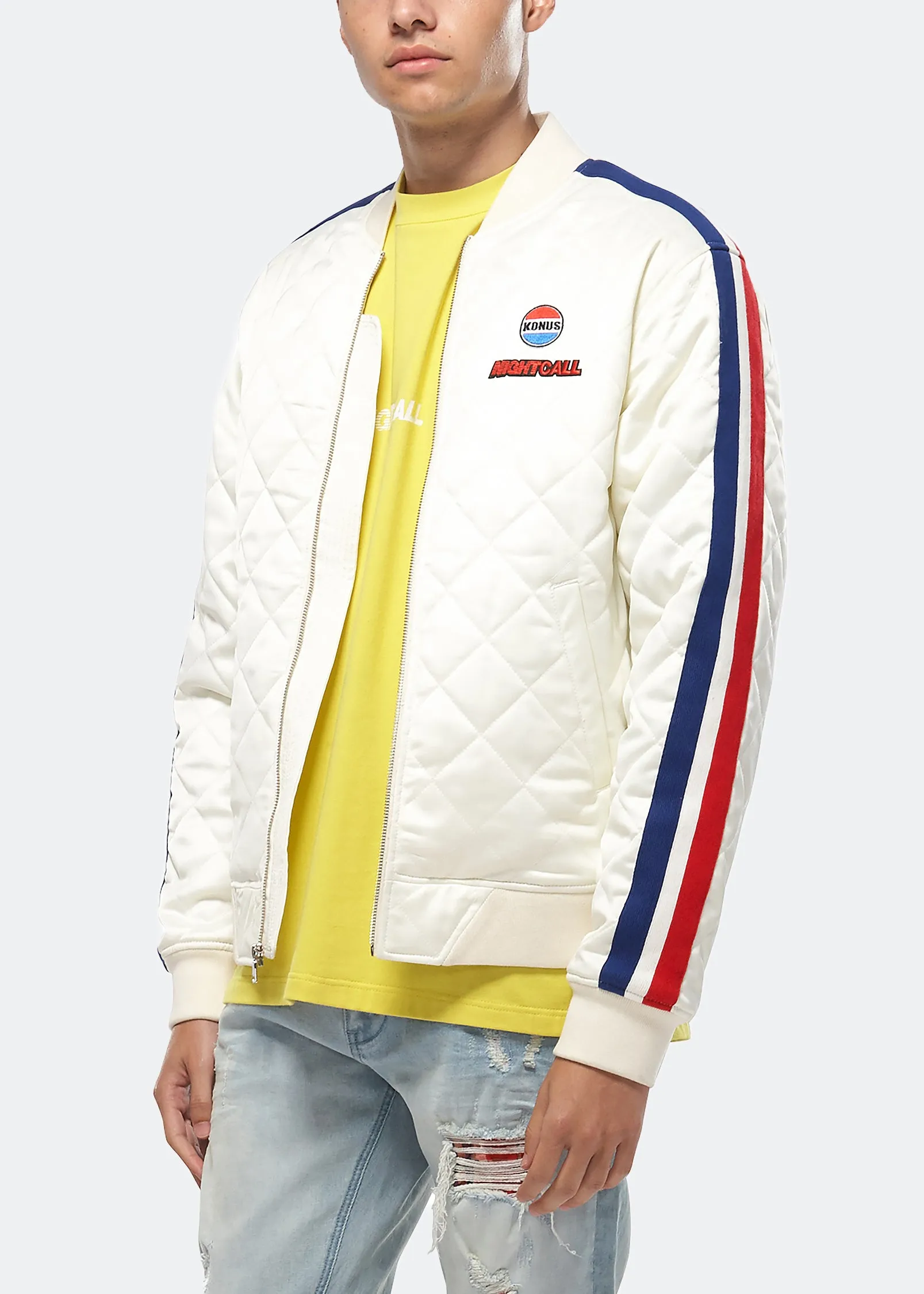 Konus Men's Quilted Satin Jacket in Off White