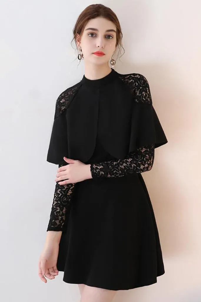 LONG LACE SLEEVE CONTRAST OVERLAY DRESS