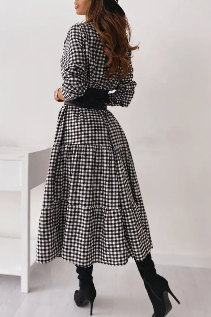 Long Sleeve Button Down Waist Belted Fit&Flare Dress