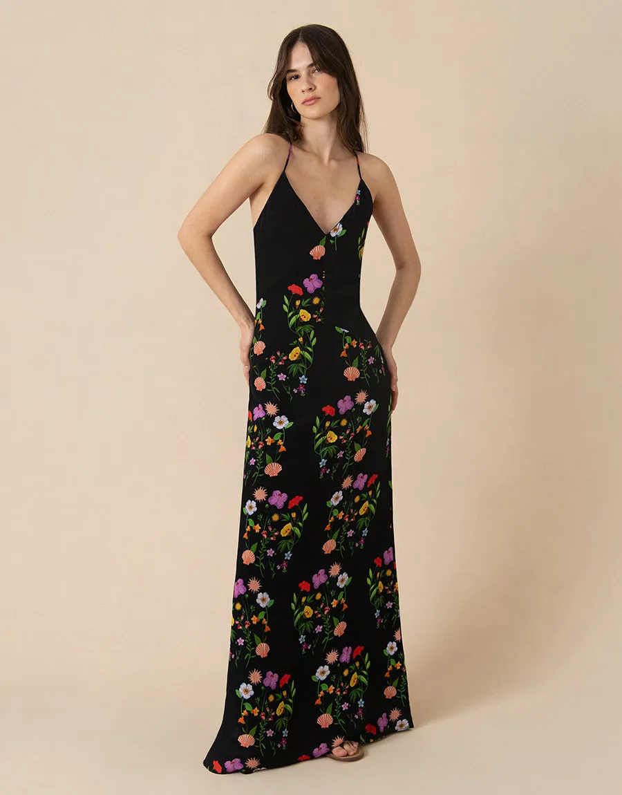 Olive Crepe Maxi Dress - Terrazzo Flower Black - SALE