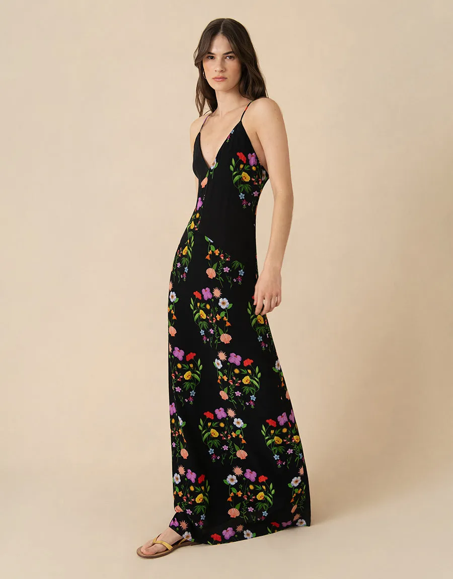 Olive Crepe Maxi Dress - Terrazzo Flower Black - SALE