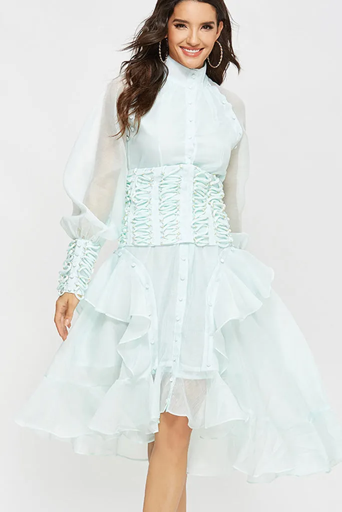 Puff Sleeve Waist Bandage Ruffle Asymmetrical Dress