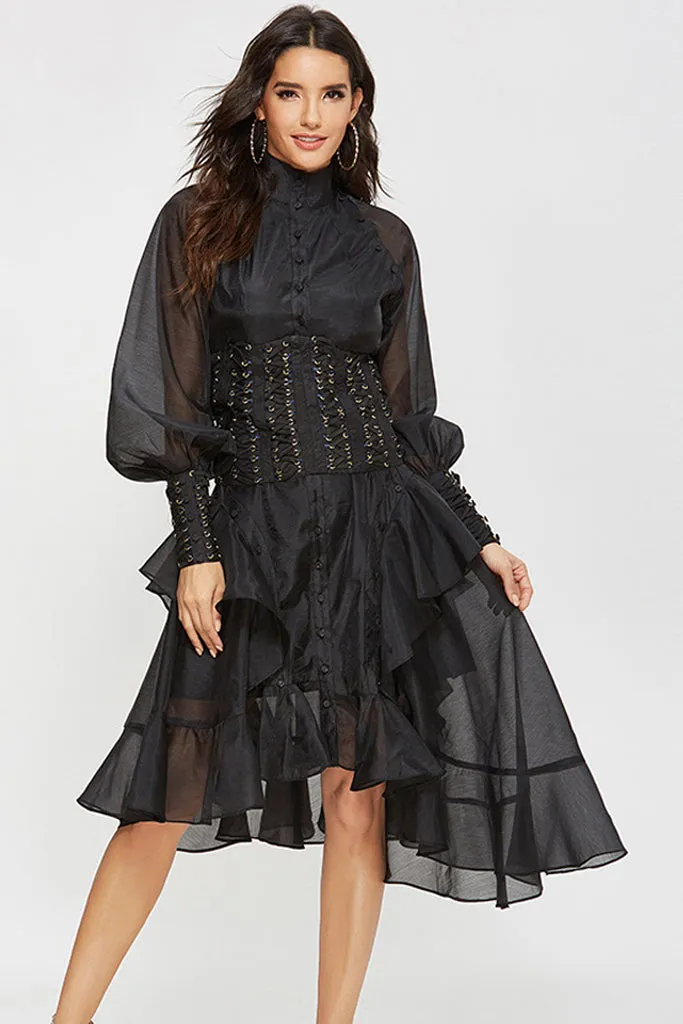 Puff Sleeve Waist Bandage Ruffle Asymmetrical Dress