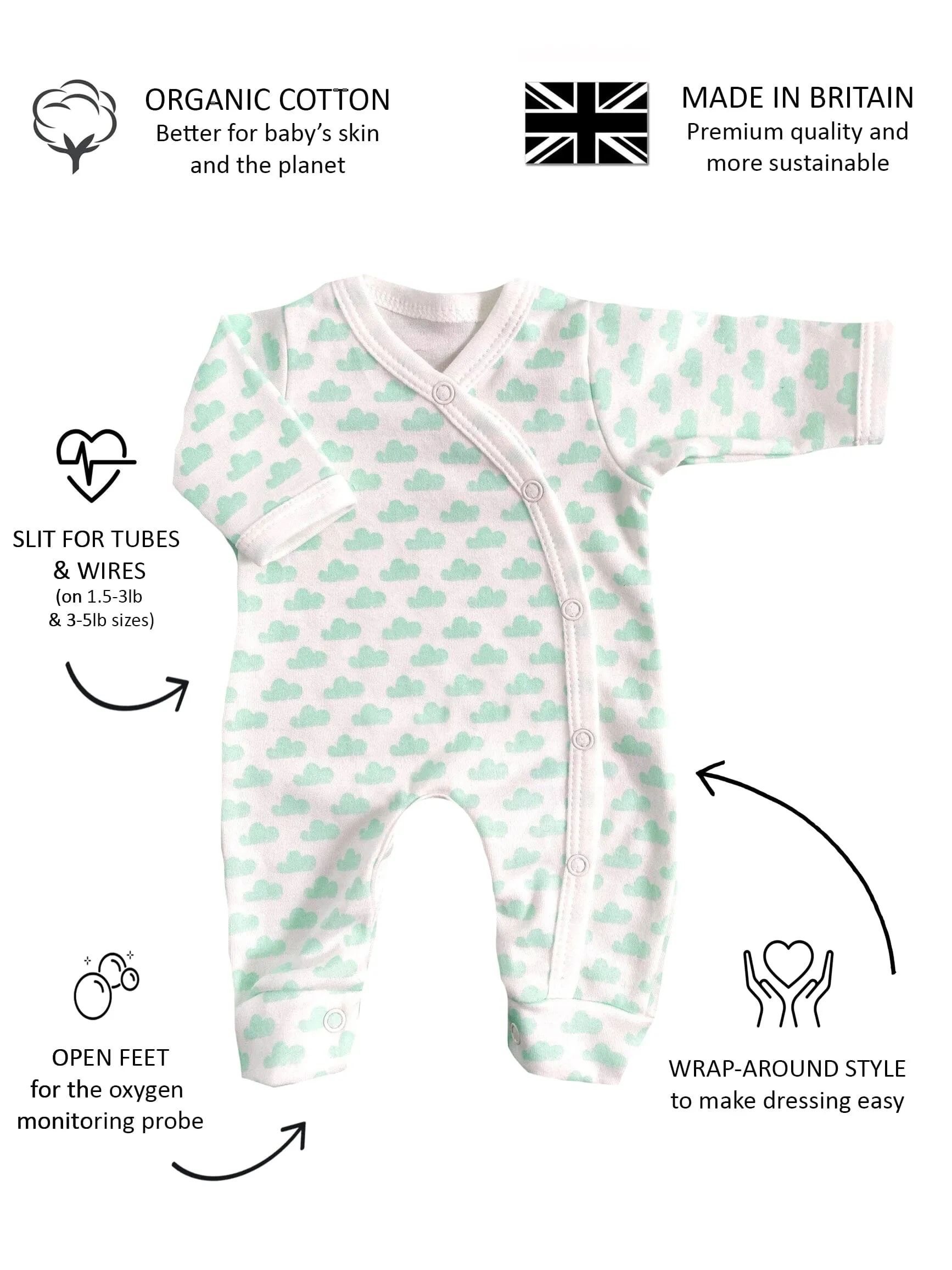 Sleepsuit, Mint Cloud, Premium 100% Organic Cotton