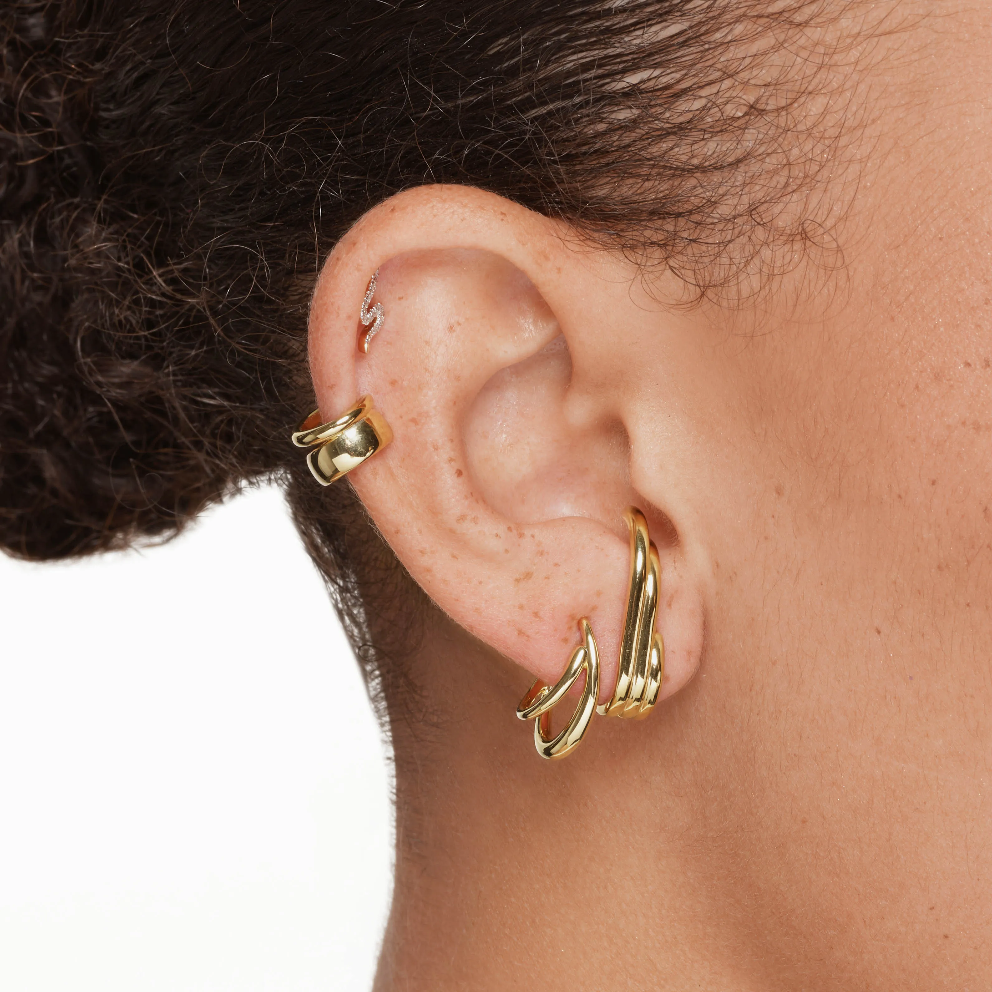 Triple  Lobe Cuff Huggie Earring in Gold