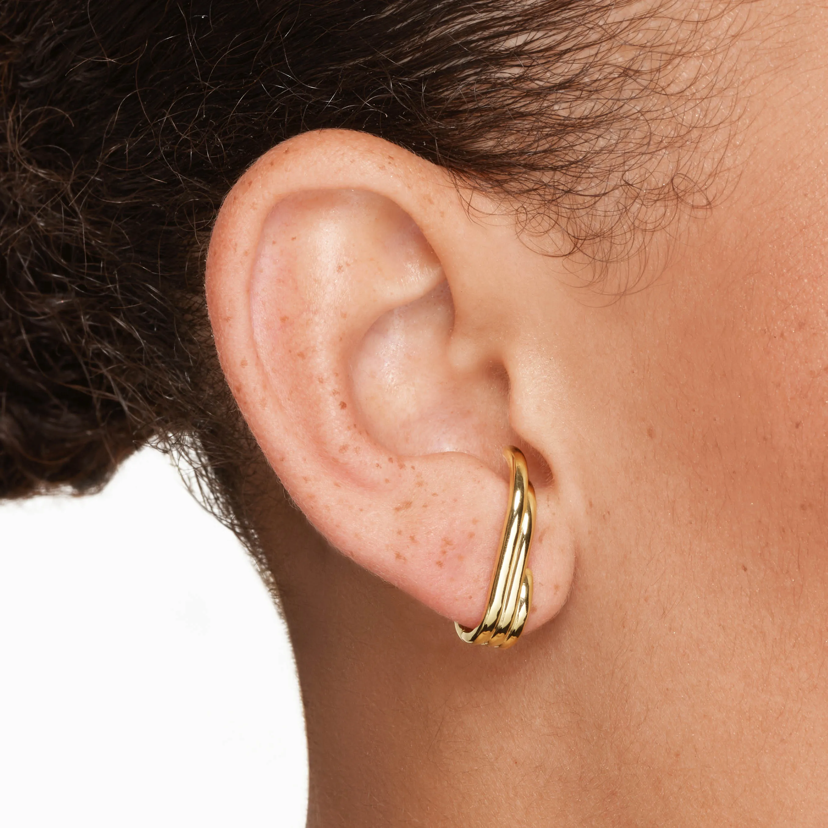 Triple  Lobe Cuff Huggie Earring in Gold