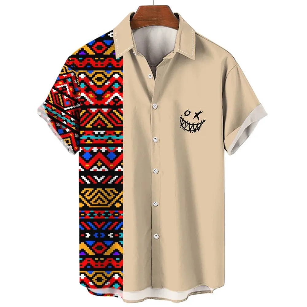 Vintage Ethnic Print Men’s Casual Short Sleeve T Shirt Cowboy Lapel Button Blouse Streetwear Polo Shirt