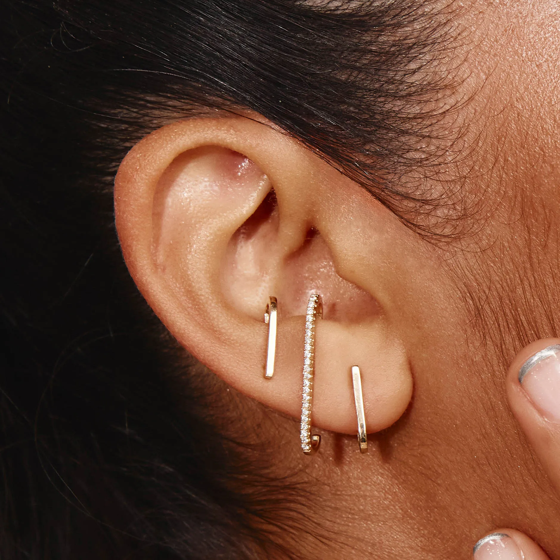 White Zircon Pave Suspender Stud Earrings in Gold